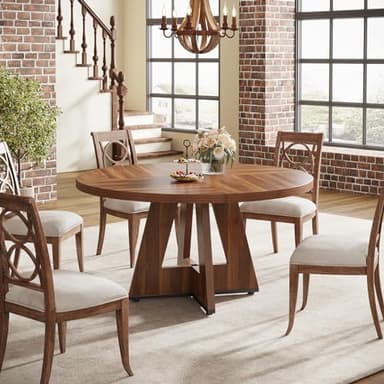 Tribesigns Farmhouse Dining Table, 47 Inch Round Dinner Table for 4 (Brown) - Image 7