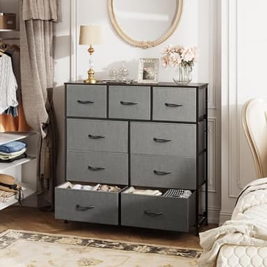 WLIVE 9-Drawer Dresser, Fabric Storage Tower for Bedroom, Hallway, Entryway, Closet, Tall Chest Organizer Unit with Fabric Bins, Steel Frame, Wood Top, Easy Pull Handle, Dark Grey - Image 8