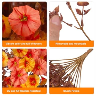 2 PCS Artificial Faux Fall Hanging Flowers Plants for Outdoor Decor,Fake Silk Morning Glory with Eucalyptus UV Resistant Mums for Wall Home Porch Patio Balcony Yard Indoor Decor (Fall Orange+Yellow) - Image 3