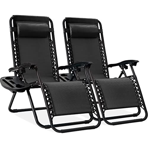 Best Choice Products Set of 2 Adjustable Steel Mesh Zero Gravity Lounge Chair Recliners w/Pillows and Cup Holder Trays - Black - Image 1