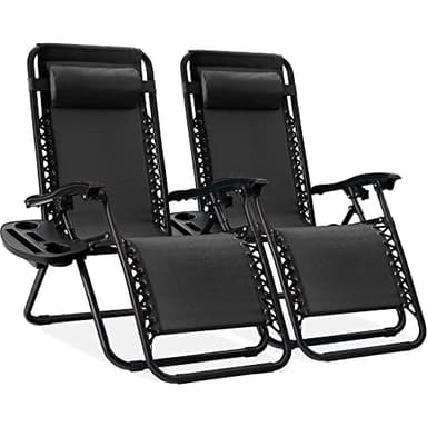 Best Choice Products Set of 2 Adjustable Steel Mesh Zero Gravity Lounge Chair Recliners w/Pillows and Cup Holder Trays - Black - Image 1