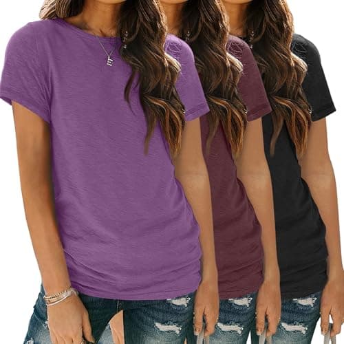 SUNBS Womens 3 Pack T-Shirts Short Sleeve Summer Tops Fashion Basic Tees Comfy Casual Vacation Outfits Workout Clothes 2025 PurpleWineredBlack M - Image 1