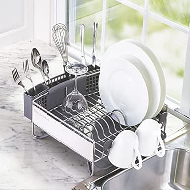 KitchenAid Compact Space Saving, Dish Rack with Removable Flatware Caddy and Angled Self Draining Drainboard, Satin Gray, 15-Inch-by-13.25-Inch - Image 2
