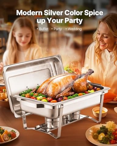 VEVOR Chafing Dish Buffet Set, 8 Qt 4 Pack, Stainless Chafer with 4 Full Size Pans, Rectangle Catering Warmer Server with Lid Water Pan Folding Stand Fuel Tray Holder Spoon Clip - Image 2
