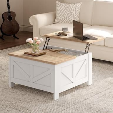 Yaheetech Farmhouse Lift Top Coffee Table with Storage, Square Coffee Table for Living Room, 31.5 Inches Center Tables with Large Hidden Storage Compartment for Home Office, White & Light Oak - Image 2
