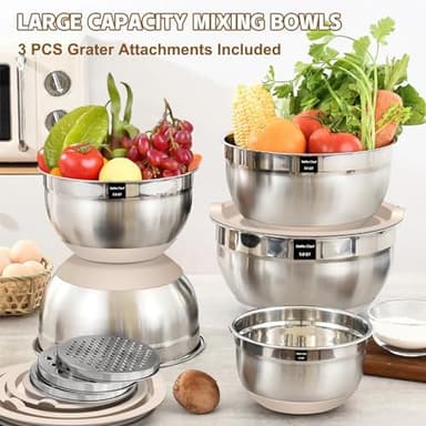 Umite Chef Mixing Bowls with Airtight Lids Set, 8PCS Stainless Steel Khaki Nesting Bowls with Grater Attachments, Kitchen Bowls with Non-Slip Bottoms, Size 5, 4, 3.5, 2, 1.5QT for Mixing & Serving - Image 5
