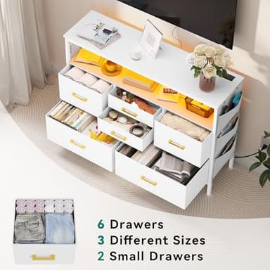 YITAHOME Dresser TV Stand for 45'' TV, 6-Drawer Dresser with Power Outlet and LED Light, Wide Drawer with Metal Handle, White with Shelves and PU Finish - Image 7