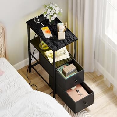 Fixwal Narrow Side Table with Charging Station and LED Light, Skinny Nightstand with 2 Fabric Drawers, Slim End Table for Bedroom, Dorm, Small Space, Black - Image 6