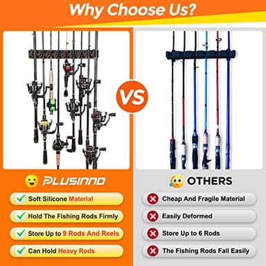 PLUSINNO V9 Vertical Fishing Rod Holders, 2 Packs Wall Mounted Fishing Pole Holders, Fishing Rod Racks Hold Up to 18 Rods or Combos, Fishing Pole Holders for Garage, Fits Most Rods of Diameter 3-19mm - Image 5