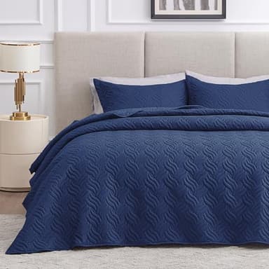 Love's cabin California King Size Quilt Bedding Set Navy Bedspreads - Cal King Summer Quilt Lightweight Bedspread- Wave Pattern Coverlet for All Season - 3 Piece (1 Quilt, 2 Pillow Shams) - Image 1