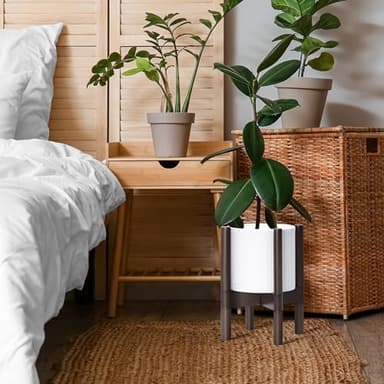 D'vine Dev Planter Pot with Stand - 8 Inch Plastic Cylinder Flower Pot with Wood Planter Holder for Indoor, Matte White Pot + Walnut Color Stand, 55-C-I-1 - Image 5