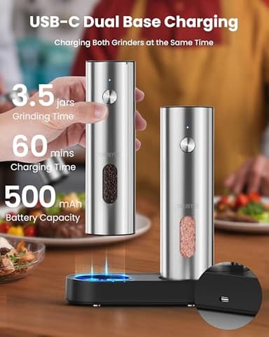 Electric Salt and Pepper Grinder Set with Rechargeable Base - Upgraded Large Capacity, Refillable Pepper Mill Set with LED Light & Adjustable Coarseness, Ideal for Kitchen, Outdoor, BBQ & Gift Giving - Image 2