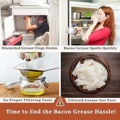 Bacon Grease Container with Strainer - With Food-Grade Silicone Spatula, 24oz Enamel Rustic Farmhouse Fat Container, Keeper, Recipes, Dishwasher Safe - Image 2