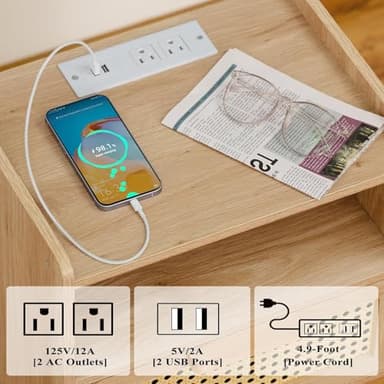 Lerliuo Rattan Nightstands Set of 2 with Charging Station, Boho Night Stand with Handmade Natural Rattan Drawer and Open Shelf, Side End Tables with Solid Wood Legs for Bedroom, Dorm, Small Spaces - Image 5