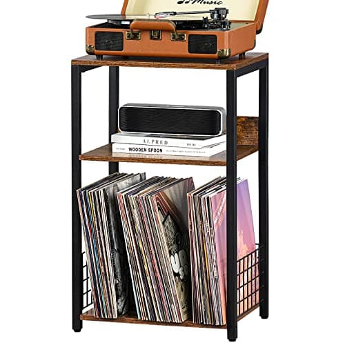 LELELINKY 3 Tier End Table,Record Player Stand with Storage Up to 100 Albums,Turntable Stand for Vinyl,Brown Records Shelf for Living Room Bedroom - Image 1