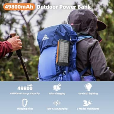 Solar Charger Power Bank 49800mAh - Portable Fast Charging Power Bank with Type-C & Dual USB Ports, Compatible with iPhone, Samsung & More, Waterproof Solar Panel for Camping, Hiking, and Outdoor Use - Image 2