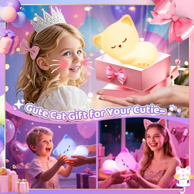 Night Light for Kids,16 Colors Cat Lamp Cute Lamp,Dimmable Baby Night Lights for Nursery,Silicone Rechargeable Nightlight for Kids Room,Kawaii Room Decor,Cat Gifts for Girls Gift for 3-6 Year Old Girl - Image 2