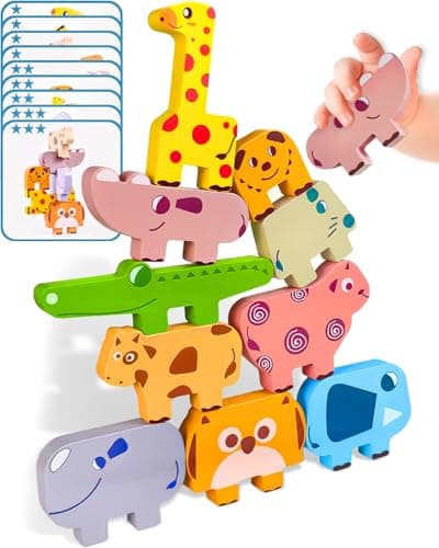 Cowcowcow Montessori Toys for 1 2 3 4 Year Old Boys Girls, Toddler Toys Age 2-4, 1 2 3 4 Year Old Girl Boy Birthday Gifts, 10 pack Wooden Animal Blocks Sorting & Stacking Education Toddler Puzzles Toy