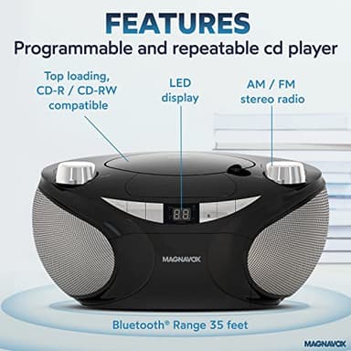 Magnavox MD6949 Portable Top Loading CD Boombox with AM/FM Stereo Radio and Bluetooth Wireless Technology in Black | CD-R/CD-RW Compatible | LED Display | (Black) - Image 2