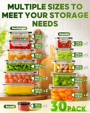 KEMETHY 60 PCS Food Storage Containers with Lids, BPA-Free Plastic Food Containers for Kitchen Storage, Leak Proof, Reusable Meal Prep Containers with Labels & Pen - Image 2