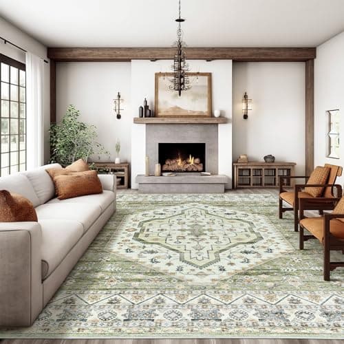 Area Rugs for Living Rooms - 8x10, Boho Non-Slip Low Pile Carpet Machine Washable Rugs for Bedroom, Farmhouse, Office, Dining Room (Green) - Image 1