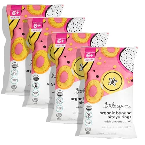 Little Spoon Banana Pitaya Meltable Baby Puffs, Organic Corn Quinoa Sorghum, No Rice, No Added Sugar Snacks, Encourages Self-Feeding, 1 Oz Bag, 4 Pack