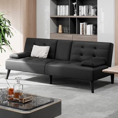 Shintenchi Futon Sofa Bed, Leather Foldable Couch, Reclining Sleeper w/Removable Armrests, Upholstered Loveseat w/Folding Cup Holders for Home, Office, Black - Image 7