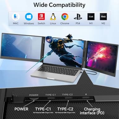 POTTMACEE 14.2’’ Triple Laptop Screen Extender, 0.17" Ultra-Slim FHD 1080P Portable Monitor for Laptop, Tri-Screen Travel Monitor Extender, Plug-Play for Windows/Mac/Chrome, Fit 13”-17.3” Laptops - Image 8