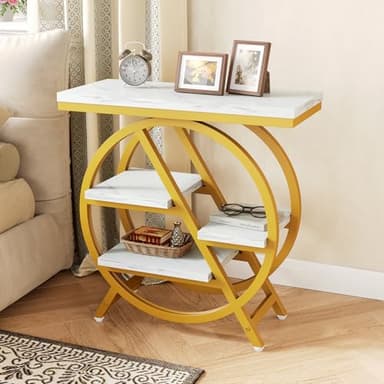 LITTLE TREE End Table, 4-Tier Narrow Faux Marble Side Table with Large Storage Space, Modern Nightstand and Bedside Table for Living Room, Home Office, Bedroom, White and Gold - Image 4