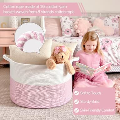 INDRESSME XXXLarge Storage Basket with Handle, Pink Laundry Basket for Nursery Stuffed Animal Storage, Baby Baskets Kids Toy Organizer, 21.7" x 21.7" x 13.8", Pink - Image 3