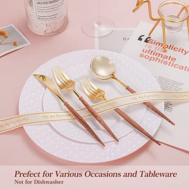 Lullaby 120PCS Gold Plastic Silverware, Gold Disposable Cutlery with Wood Grain Handle Include 40 Forks, 40 Spoons, 40 Knives, Elegant Disposable Silverware for Wedding, Party, Gathering, Daily Use - Image 2