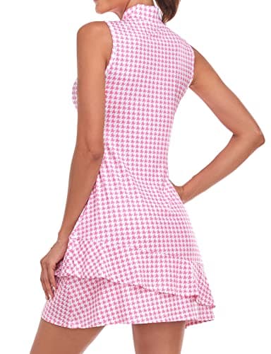 Tennis Dress for Women Classic Golf Outfits Sleeveless Athletic Dresses with Pockets and Shorts Zip Up Stand Collar Lightweight for Pink Houndstooth-S - Image 5