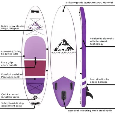 Polar Outdoors by Roc Inflatable Stand Up Paddle Board with Premium SUP Paddle Board Accessories, Wide Stable Design, Non-Slip Comfort Deck for Youth & Adults (Orchid) - Image 4