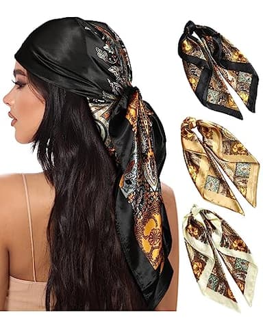 AWAYTR 35” Large Square Satin Head Scarf - 3Pcs Satin Hair Scarves Silk Feeling Bandana Headscarf for Women (Cashew(Camel/Black/Beige)) - Image 1