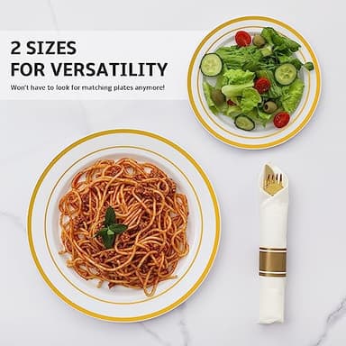 AOZITA 100 Pcs Gold Plastic Plates for Party, Disposable Heavy Duty Plastic Plates - 50 Dinner Plates and 50 Salad Plates for Party Wedding - Image 4