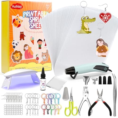 Auihiay Printable Shrink Plastic Sheet Kit, Include Heat Gun, UV Resin, UV Lamp, 20 PCS Printable Shrink Papers and Rich DIY Tools for Crafts, Kids Jewelry Making, Christmas Ornaments - Image 1
