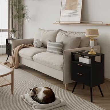 JOONEE Black Nightstand with Charging Station and LED Lights,Modern Bedside Table with 2 Storage Drawer and Open Wood Shelf, for Bedroom and Small Spaces,Night Stand with Solid Wood Legs,Black - Image 3