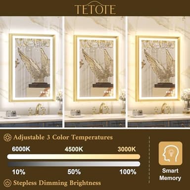TETOTE 48x30 LED Bathroom Mirror with Lights Gold Metal Framed Front & Back Light Vanity Mirror Baroque Antifog Stepless Dimmable White/Warm/Natural,CRI90+,Waterproof,Wall Mounted(Horizontal/Vertical) - Image 4