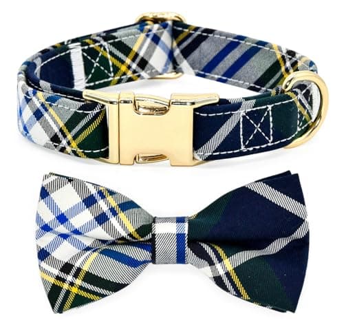 Kamercy Dog Collar with Bow Tie Set, Green, White and Yellow Color Weave Plaid