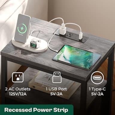 Huuger Nightstand with Charging Station, Side Table with Fabric Drawers, End Table with Open Shelf, Bedside Table with USB Ports and Outlets, Night Stand for Bedroom, Charcoal Gray - Image 3