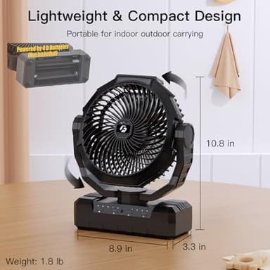 Battery Operated Fan [200H Max], 2 in 1 D-Cell Battery & USB Powered Fans, Portable Camping Fan with 4 Speeds, Light, Timer, Remote for Outdoor Tent, Travel, Picnic, Office, Bedroom - Black - Image 7