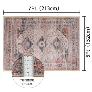 H.VERSAILTEX Area Rug 5' x 7' Washable Soft Rugs Mid-Century Modern Rug for Bedroom Living Room, Non Slip Non Shedding Printed Accent Indoor Floor Carpet for Dining Room Office, Vintage Fringes - Image 2