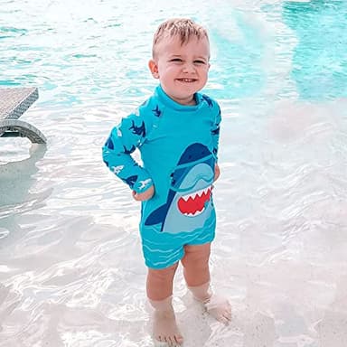 18-24 Months Baby Boys Swimsuit Rash Guard Swimwear Blue Shark Fish Long Sleeve Bathing Suit One-Piece Beach Sunsuit with Sun Hat - Image 3
