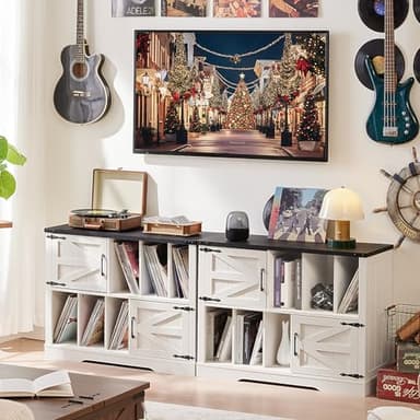 Joaxswe Large Record Player Stand with Vinyl Storage Up to 450 Albums, 39 Inch Farmhouse Rustic Wood White Storage Cabinet with Barn Doors, Vintage Mid-Century Turntable Stand for Bedroom, Living Room - Image 3