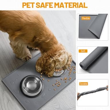 Hubulk Dog Feeding Mat,100% Waterproof Food Grade Silicone Pet Food and Water Bowl Placemat,Dishwasher, High Raised Edge to Prevent Spills,Nonslip Tray to Stop Messes on Floor (19"x12"x0.5", Grey) - Image 5