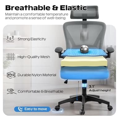 Ergonomic Office Chair, Home Office Desk Chair with Headrest, High Back Mesh Chair with Flip-up Armrests, Comfy Desk Chair with Lumbar Support, Rolling Swivel Task Chair for Office - Image 6