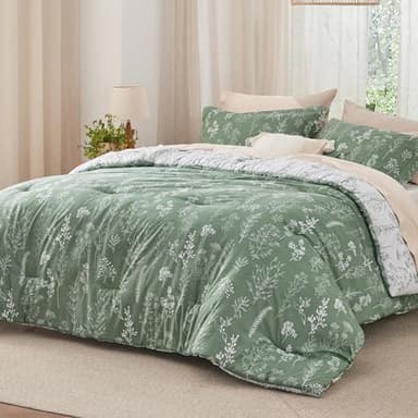 Bedsure Queen Comforter Set - Green Bed Set, 3 Pieces Cute Floral Bedding, 1 Soft Reversible Botanical Flowers Comforter and 2 Pillow Shams - Image 3