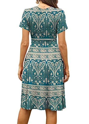 WEACZZY Sundresses for Women Casual Floral Summer Dress Short Sleeve Paisley Print Sun Dress V-Neck Swing Flowy Dresses with Pockets, Blue Khaki,XL - Image 3
