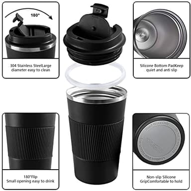 YINBAOGE Insulated Travel Coffee Mug, Spill & Leak Proof, Portable To Go Camping Stainless Steel Coffee Tumbler, Reusable Thermal Coffee Cup with Lid for Hot & Cold Drinks (Black, 12 OZ) - Image 3