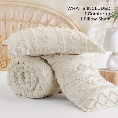 Bedsure Tufted Boho Comforter Set Twin Size - Beige Boho Bed Set, GentleSoft™ 2 Pieces Farmhouse Shabby Chic Embroidery Bedding, Gifts for Woman, Soft Jacquard Twin Comforter for All Seasons - Image 7